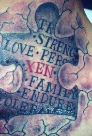 颈部不寻常的彩色拼图和字母的纹身