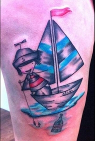 肩部彩色卡通儿童船纹身图案