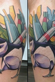 小腿new school彩色小鸟与炸弹纹身图案