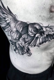 侧肋雕刻风格黑色乌鸦飞行纹身图案