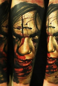 腿部彩色恐怖风格毛的血腥怪物纹身