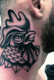 颈部old school黑灰愤怒的公鸡纹身图案