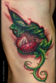 腰侧令人惊叹的彩色捕食植物纹身图案