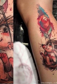 腿部水彩色带气球的飞行刺猬纹身