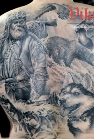 背部写实风格野生动物和猎人纹身图案