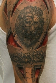 肩部逼真狮子石雕风格纹身图案
