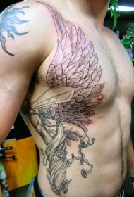 侧肋很酷的黑白雕像与翅膀纹身图案