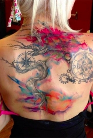 背部航海主题彩色神秘船舵大树纹身图案