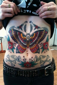 腹部old school彩色蝴蝶花卉和骷髅骨头纹身图案