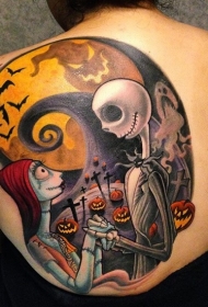 背部著名的卡通僵尸与墓地纹身图案