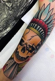 手臂彩色印度首席骷髅纹身图案