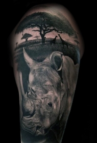 肩部华丽壮观的野生动物与犀牛纹身图案