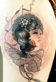 old school黑色女人与线条花朵纹身图案