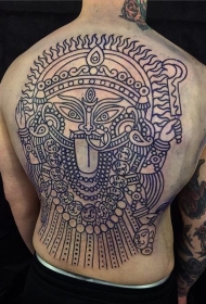 背部简单的黑色线条印度神像纹身图案