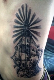 侧肋old school黑白波浪和灯塔纹身图案