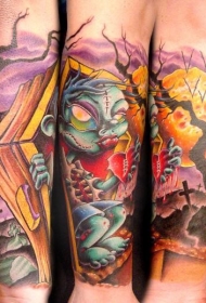 花臂卡通彩色滑稽僵尸和墓地纹身图案