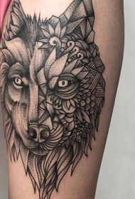 黑色神秘狼头与部落饰品纹身图案