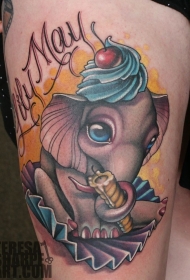 大腿可爱的卡通彩色大象和蜡烛和字母纹身图案