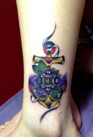 女人腿部时尚唯美的花朵船锚纹身图案