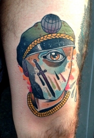 大腿超现实主义彩色眼睛和人脸轮廓纹身图案