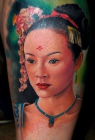 漂亮的水彩画写实艺妓肖像纹身图案