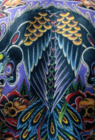 背部new school彩色的黑豹与骷髅羽毛纹身图案