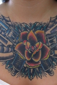 old school红玫瑰手枪胸部纹身图案