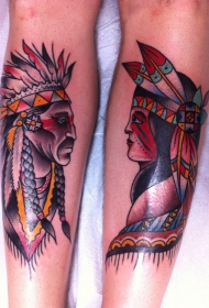 腿部老学校彩色大印第安夫妇纹身