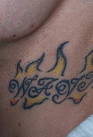男性脖子上火焰英文纹身图案
