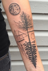 小臂几何图形画出各种树木和月亮纹身图案