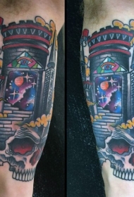 手臂有趣的卡通风格神秘的城堡骷髅纹身图案