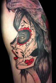 老派墨西哥土著彩色女子肖像纹身