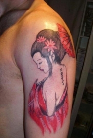 肩部彩色滑稽诱人的艺妓纹身图案