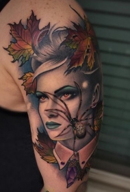 新传统五彩肩膀上的女人与蜘蛛纹身图片