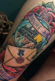 腿部彩色哈利·波特的插画风格纹身