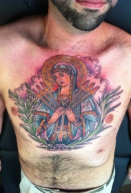 胸部宗教主题的彩色女性与叶子纹身图案
