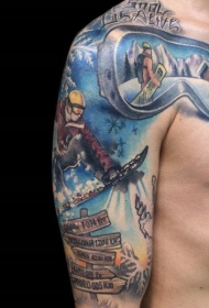 插画风格彩色滑雪眼镜和路标纹身图案