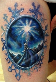 大腿幻想风格镜子与雪花女人卡通纹身图案