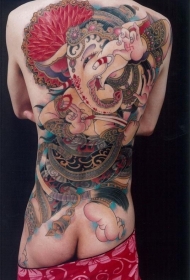 满背美丽的印度甘尼萨象神纹身图案