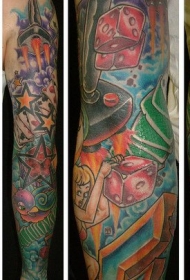 手臂彩色扑克牌骰子手绘美女纹身图案