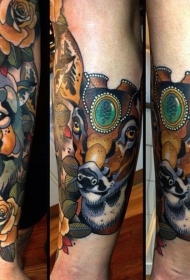 new school彩色鹿与鲜花纹身图案