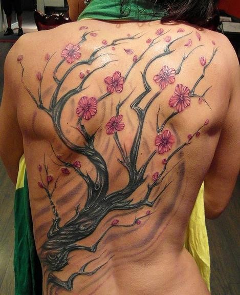 背部可爱的彩色樱花树纹身图案