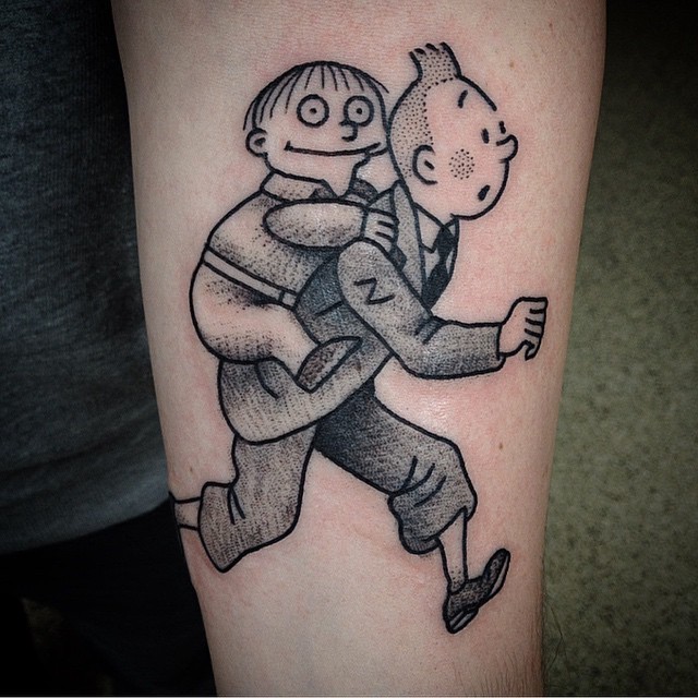 小臂有趣的卡通黑色男孩点刺纹身图案