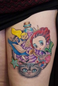 大腿有趣的彩色卡通爱丽丝纹身图案