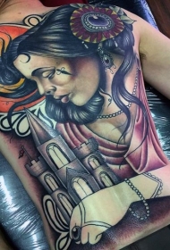 华丽的可爱女人与城堡背部纹身图案