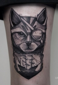 大腿雕刻风格黑色海盗猫帆船纹身图案