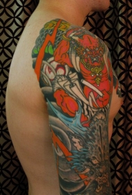 手臂日式恶魔般若彩绘纹身图案