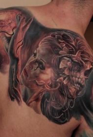 背部彩色的神秘女子与行星骷髅纹身图案
