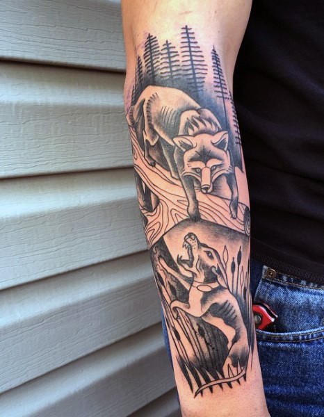 小臂黑白猎犬和狐狸纹身图案