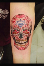 手臂彩色滑稽的微笑墨西哥骷髅纹身